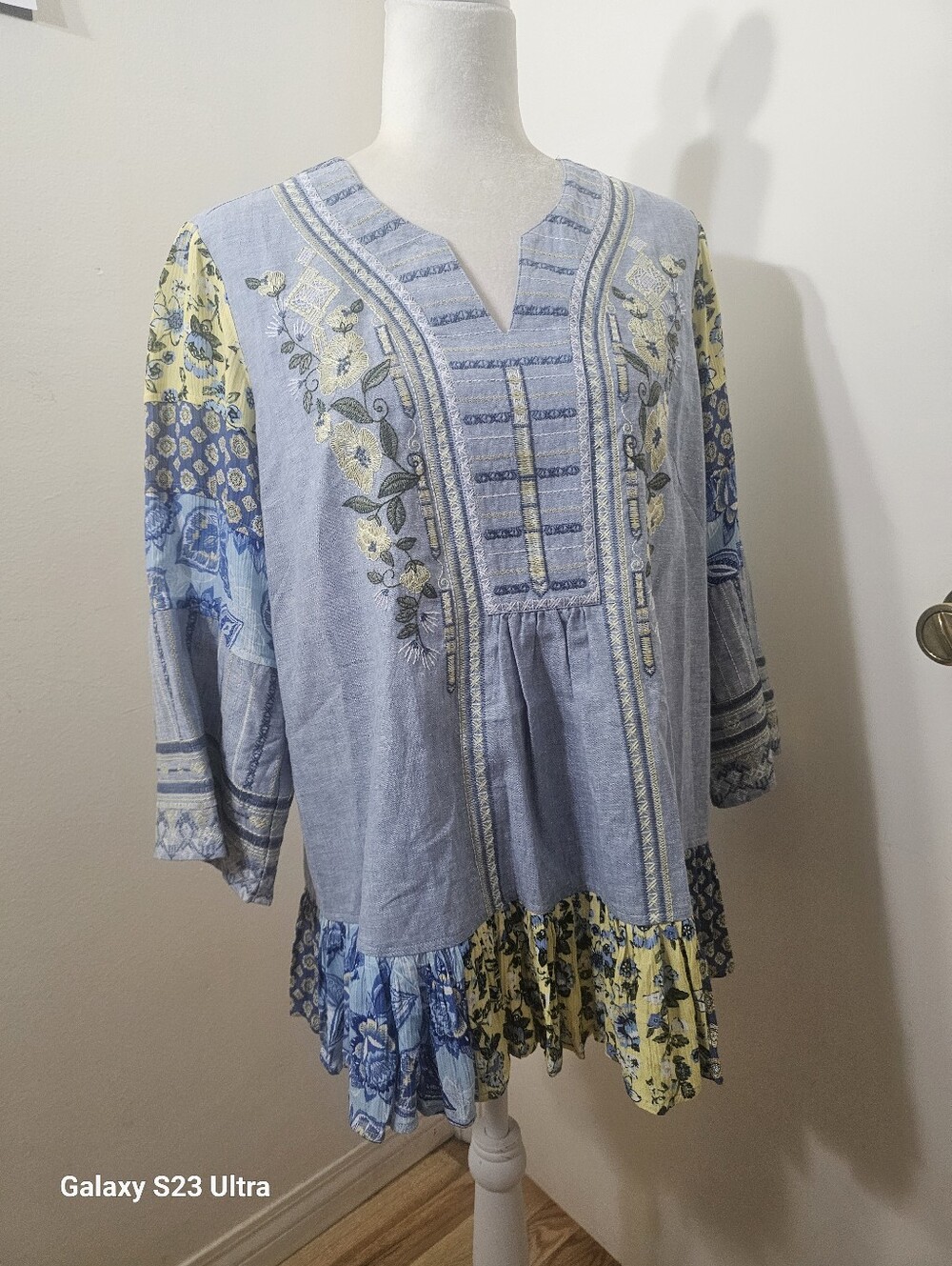 Embroidered Light Blue Floral Peasant Top